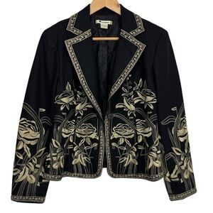 Nygard Wool Blend Embroidered Blazer Womens M Black Gold Artsy Classy Floral EUC